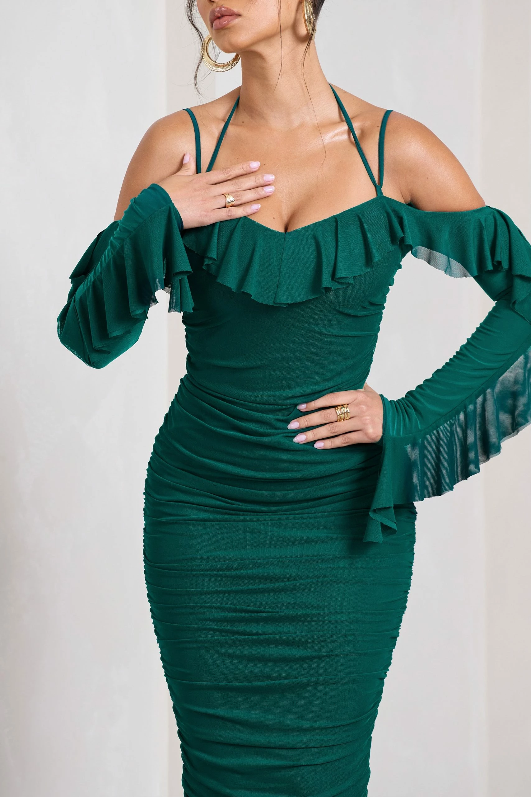 Quinn | Bottle Green Ruched Strappy Long-Sleeved Midi Dress With Ruffles 5 Quinn | Bottle Green Ruched Strappy Long-Sleeved Midi Dress With Ruffles - Image 3