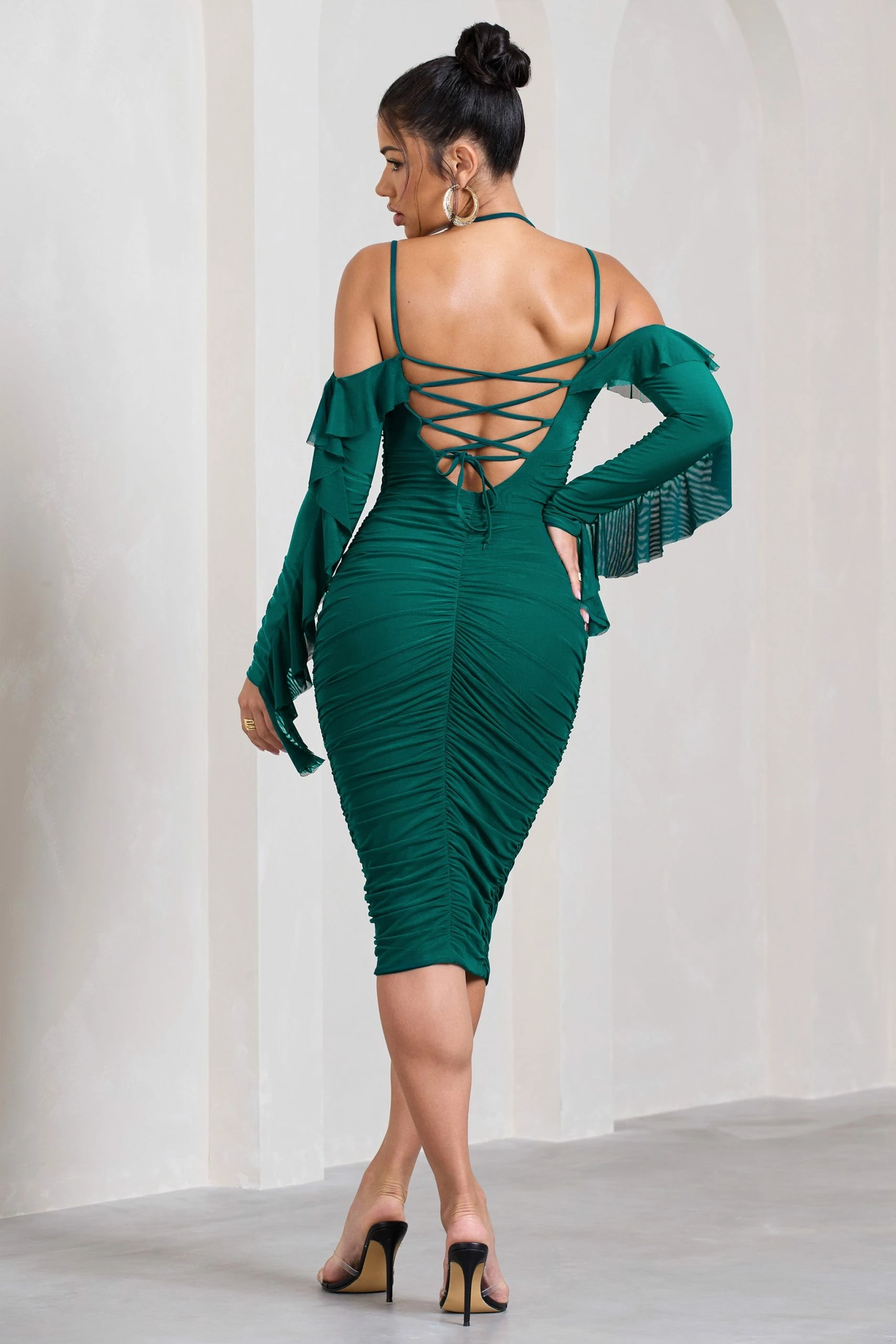 Quinn | Bottle Green Ruched Strappy Long-Sleeved Midi Dress With Ruffles 4 Quinn | Bottle Green Ruched Strappy Long-Sleeved Midi Dress With Ruffles - Image 2