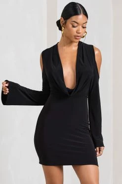 Let's Escape | Black Cowl-Neck Cut-Out Long-Sleeved Mini Dress -Dress Shop WB CL129698002 Let sEscapeBlackCowl NeckLong SleevedMiniDress2