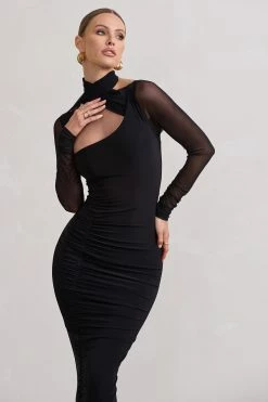 Under Wraps | Black Ruched Cut Out Long-Sleeve Midi Dress -Dress Shop WB CL129705002 UnderWrapsBlackRuchedCutOutLong SleeveMidiDress5