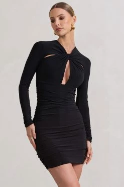 Escapism | Black Ruched Long-Sleeve Cut-Out Mini Dress -Dress Shop WB CL129706002 EscapismBlackRuchedLong SleeveCut OutMiniDressBLACK7 aa3c52d1 e7d4 422a 8606 2dec0daaaca8