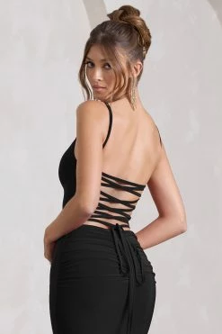 Alora | Black Strappy Lace-Up Maxi Dress With Flower Corsage -Dress Shop WB CL129766002 AloraBlackStrappyLace UpMaxiDressWithFlowerCorsage10