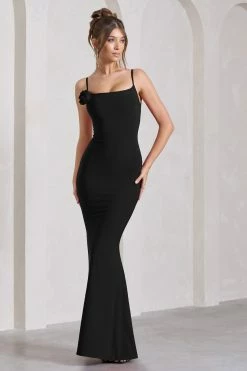 Alora | Black Strappy Lace-Up Maxi Dress With Flower Corsage -Dress Shop WB CL129766002 AloraBlackStrappyLace UpMaxiDressWithFlowerCorsage5