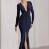 Aluna | Navy Plunge-Neck Twisted Split Maxi Dress 1 Aluna | Navy Plunge-Neck Twisted Split Maxi Dress -Dress Shop WB CL129771015 Aluna NavyPlunge NeckTwistedSplitMaxiDressNAVY1
