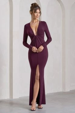 Aluna | Plum Plunge-Neck Twisted Split Maxi Dress -Dress Shop WB CL129771101 AlunaPlumPlunge NeckTwistedSplitMaxiDress0