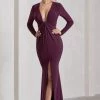 Aluna | Plum Plunge-Neck Twisted Split Maxi Dress