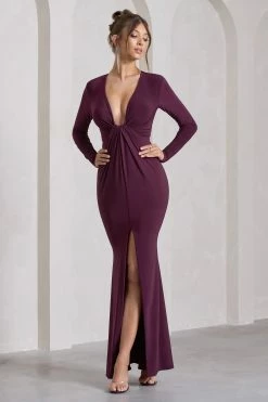 Aluna | Plum Plunge-Neck Twisted Split Maxi Dress