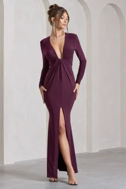 Aluna | Plum Plunge-Neck Twisted Split Maxi Dress -Dress Shop WB CL129771101 AlunaPlumPlunge NeckTwistedSplitMaxiDress6
