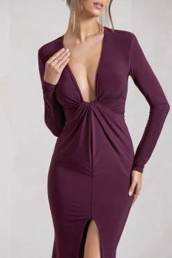 Aluna | Plum Plunge-Neck Twisted Split Maxi Dress -Dress Shop WB CL129771101 AlunaPlumPlunge NeckTwistedSplitMaxiDress7