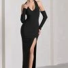 Solana | Black Halter-Neck Long-Sleeve Split Maxi Dress 1 Solana | Black Halter-Neck Long-Sleeve Split Maxi Dress -Dress Shop WB CL129774002 SolanaBlackHalter NeckLong SleeveSplitMaxiDress1