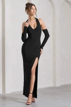 Solana | Black Halter-Neck Long-Sleeve Split Maxi Dress