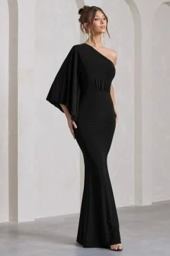 Luciana | Black Asymmetric Maxi Dress With Drape Sleeve -Dress Shop WB CL129779047 LucianaBlackAsymmetricMaxiDressWithDrapeSleeve7