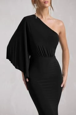 Luciana | Black Asymmetric Maxi Dress With Drape Sleeve -Dress Shop WB CL129779047 LucianaBlackAsymmetricMaxiDressWithDrapeSleeve9