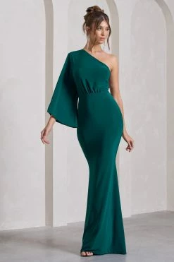 Luciana | Bottle Green Asymmetric Maxi Dress With Drape Sleeve