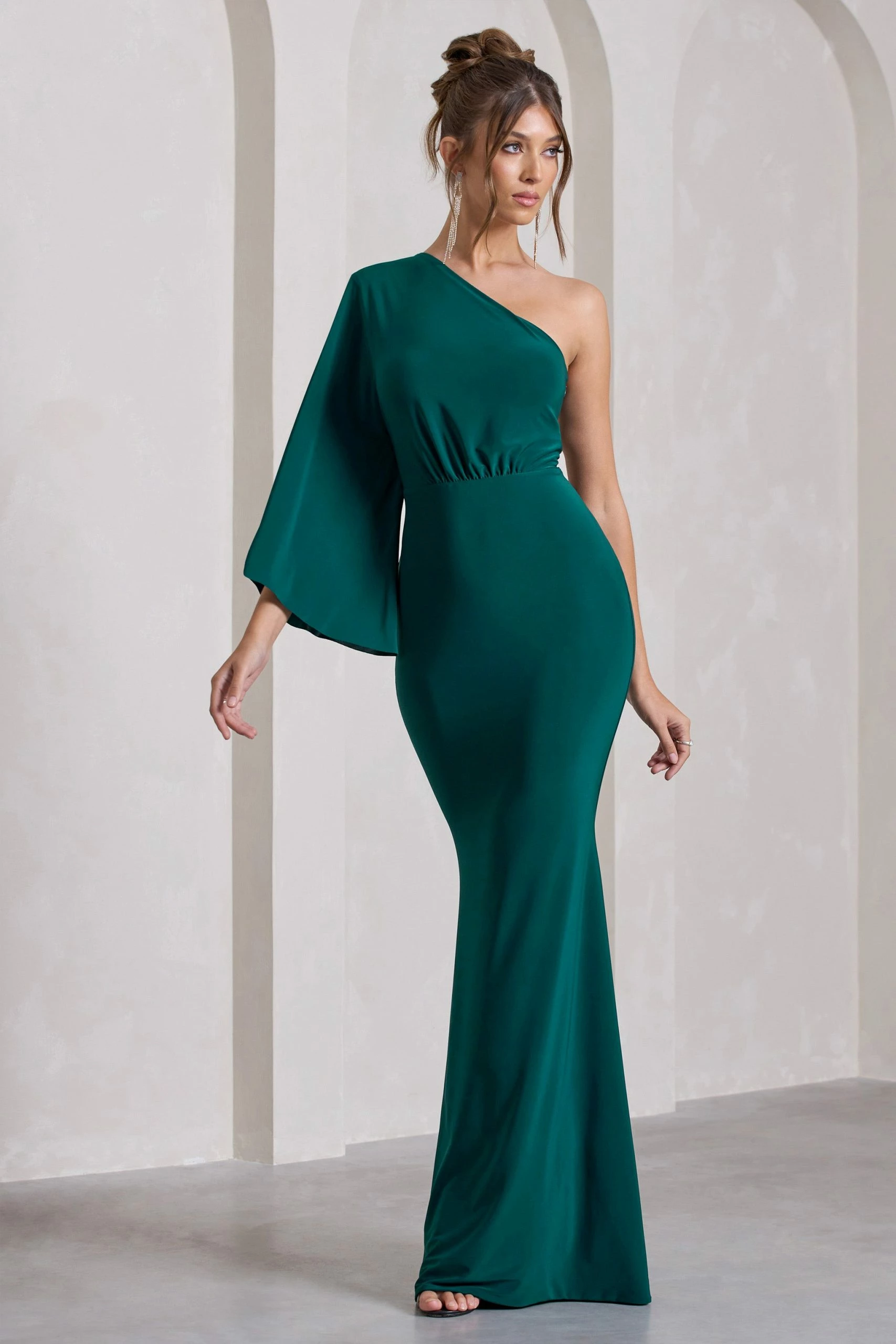 Luciana | Bottle Green Asymmetric Maxi Dress With Drape Sleeve 3 Luciana | Bottle Green Asymmetric Maxi Dress With Drape Sleeve