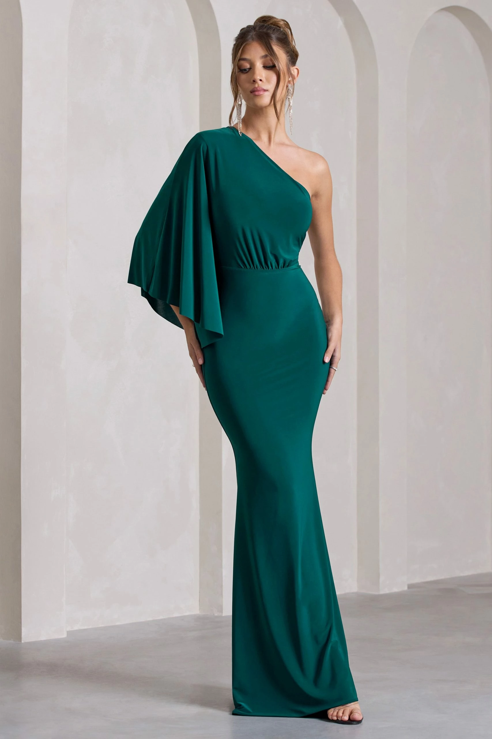 Luciana | Bottle Green Asymmetric Maxi Dress With Drape Sleeve 6 Luciana | Bottle Green Asymmetric Maxi Dress With Drape Sleeve - Image 4