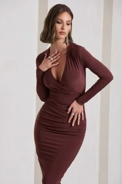 Marcia | Chocolate Brown Bodycon Plunge-Neck Midi Dress -Dress Shop WB CL129785106 MarciaChocolateBrownBodyconPlunge NeckMidiDress10