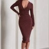 Marcia | Chocolate Brown Bodycon Plunge-Neck Midi Dress