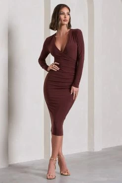 Marcia | Chocolate Brown Bodycon Plunge-Neck Midi Dress -Dress Shop WB CL129785106 MarciaChocolateBrownBodyconPlunge NeckMidiDress5