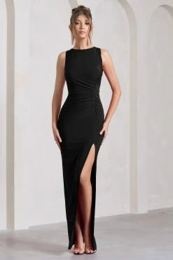 Night To Remember | Black Open-Back Split Maxi Dress -Dress Shop WB CL129788002 NightToRemember BlackOpen BackSplitMaxiDressBLACK0