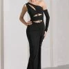 Carlina | Black Ruched Asymmetric Cut-Out Split Maxi Dress -Dress Shop WB CL129789002 CarlinaBlackRuchedAsymmetricCut OutSplitMaxiDress0