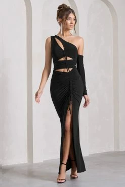 Carlina | Black Ruched Asymmetric Cut-Out Split Maxi Dress -Dress Shop WB CL129789002 CarlinaBlackRuchedAsymmetricCut OutSplitMaxiDress2