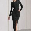 Katy | Black Ruched Long-Sleeve Split Maxi Dress 1 Katy | Black Ruched Long-Sleeve Split Maxi Dress -Dress Shop WB CL129795002 KatyBlackRuchedLong SleeveSplitMaxiDress3