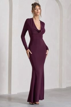 My Attention | Plum Plunge Cowl-Neck Long-Sleeve Maxi Dress -Dress Shop WB CL129799069 MyAttention PlumPlungeCowl NeckLong SleeveMaxiDressPLUM1