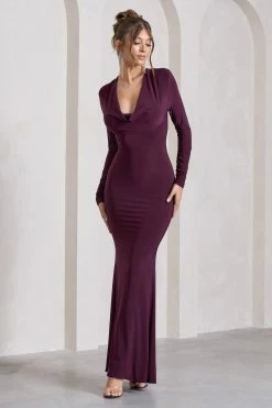 My Attention | Plum Plunge Cowl-Neck Long-Sleeve Maxi Dress -Dress Shop WB CL129799069 MyAttention PlumPlungeCowl NeckLong SleeveMaxiDressPLUM3
