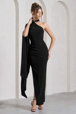 Dare To Drape | Black Asymmetric Draped-Sleeve Split Maxi Dress -Dress Shop WB CL129802002 DareToDrapeBlackAsymmetricDraped SleeveSplitMaxiDress5