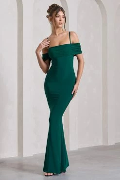 Miracle | Bottle Green Strappy Mesh Bardot Maxi Dress -Dress Shop WB CL129806047 MiracleBottleGreenStrappyMeshBardotMaxiDress1