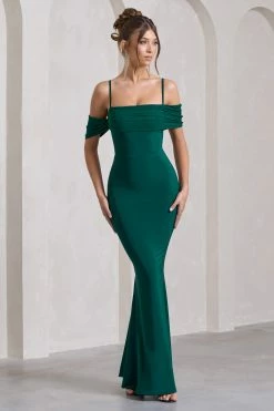 Miracle | Bottle Green Strappy Mesh Bardot Maxi Dress -Dress Shop WB CL129806047 MiracleBottleGreenStrappyMeshBardotMaxiDress4