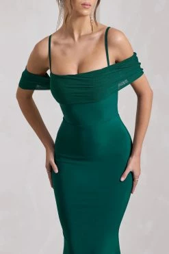 Miracle | Bottle Green Strappy Mesh Bardot Maxi Dress -Dress Shop WB CL129806047 MiracleBottleGreenStrappyMeshBardotMaxiDress5