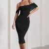 Bethan | Black Bodycon Strappy Mesh Bardot Midi Dress