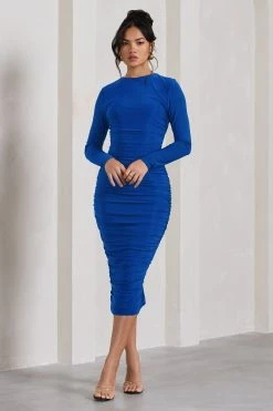 Emilie | Royal Blue Ruched Long-Sleeve Midi Dress 10 Emilie | Royal Blue Ruched Long-Sleeve Midi Dress -Dress Shop WB CL129866071 EmilieRoyalBlueRuchedLong SleeveMidiDress0