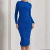 Emilie | Royal Blue Ruched Long-Sleeve Midi Dress -Dress Shop WB CL129866071 EmilieRoyalBlueRuchedLong SleeveMidiDress2