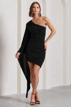 Palmer | Black Ruched One-Shoulder Asymmetric Mini Dress With Cape Sleeve -Dress Shop WB CL129882002 PalmerBlackRuchedOne ShoulderAsymmetricMiniDressWithCapeSleeve1