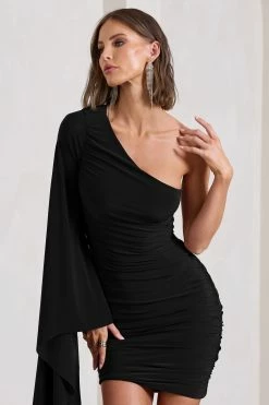 Palmer | Black Ruched One-Shoulder Asymmetric Mini Dress With Cape Sleeve -Dress Shop WB CL129882002 PalmerBlackRuchedOne ShoulderAsymmetricMiniDressWithCapeSleeve13