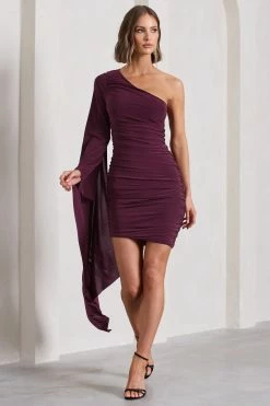 Palmer | Burgundy Ruched One-Shoulder Asymmetric Mini Dress With Cape Sleeve -Dress Shop WB CL129882069 PalmerBurgundyRuchedOne ShoulderAsymmetricMiniDressWithCapeSleeve12