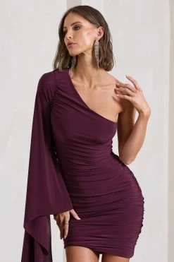 Palmer | Burgundy Ruched One-Shoulder Asymmetric Mini Dress With Cape Sleeve -Dress Shop WB CL129882069 PalmerBurgundyRuchedOne ShoulderAsymmetricMiniDressWithCapeSleeve13