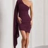 Palmer | Burgundy Ruched One-Shoulder Asymmetric Mini Dress With Cape Sleeve 2 Palmer | Burgundy Ruched One-Shoulder Asymmetric Mini Dress With Cape Sleeve -Dress Shop WB CL129882069 PalmerBurgundyRuchedOne ShoulderAsymmetricMiniDressWithCapeSleeve5