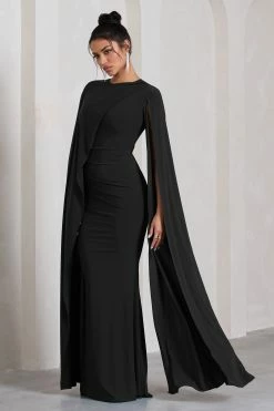 Magdelena | Black Asymmetric Cape Maxi Dress -Dress Shop WB CL129887002 MagdelenaBlackAsymmetricCapeMaxiDress1