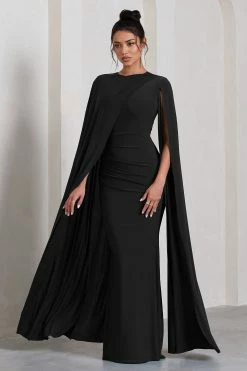 Magdelena | Black Asymmetric Cape Maxi Dress -Dress Shop WB CL129887002 MagdelenaBlackAsymmetricCapeMaxiDress2
