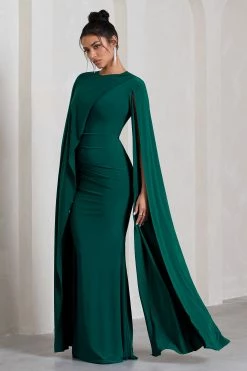 Magdelena | Bottle Green Asymmetric Cape Maxi Dress