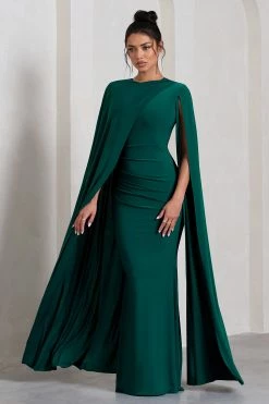Magdelena | Bottle Green Asymmetric Cape Maxi Dress -Dress Shop WB CL129887047 MagdelenaBottleGreenAsymmetricCapeMaxiDress6