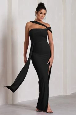 To The Max | Black Strappy Asymmetric Split Maxi Dress With Drape -Dress Shop WB CL130002002 ToTheMaxBlackStrappyAsymmetricSplitMaxiDressWithDrape5