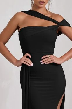 To The Max | Black Strappy Asymmetric Split Maxi Dress With Drape -Dress Shop WB CL130002002 ToTheMaxBlackStrappyAsymmetricSplitMaxiDressWithDrape6