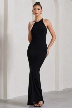 Brianna | Black Sleeveless Halter-Neck Open-Back Maxi Dress -Dress Shop WB CL130003002 BriannaBlackSleevelessHalter NeckOpen BackMaxiDress1