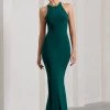 Brianna | Bottle Green Sleeveless Halter-Neck Open-Back Maxi Dress