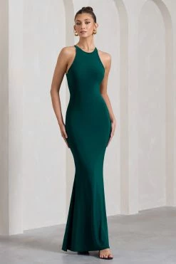 Brianna | Bottle Green Sleeveless Halter-Neck Open-Back Maxi Dress 12 Brianna | Bottle Green Sleeveless Halter-Neck Open-Back Maxi Dress -Dress Shop WB CL130003047 BriannaBottleGreenSleevelessHalter NeckOpen BackMaxiDress1